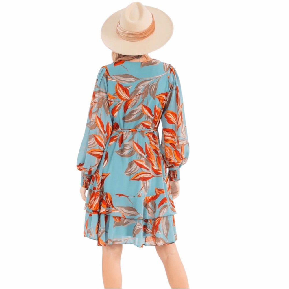 NWT Boutique Long Sleeve Blue & Orange Flowy Floral Wrap Mini Dress, Sm, M, Lg - Picture 9 of 9
